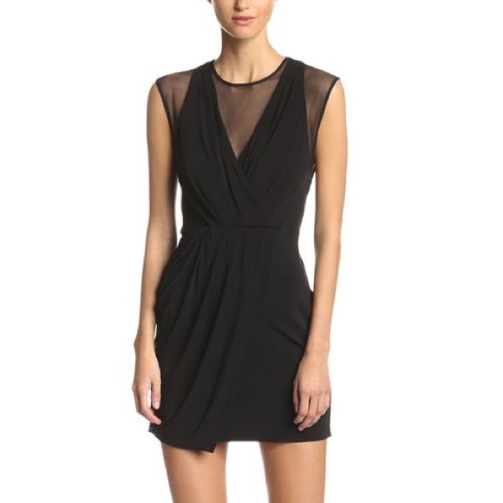 bcbg maxazria brenna sheer inset ruched dress in black